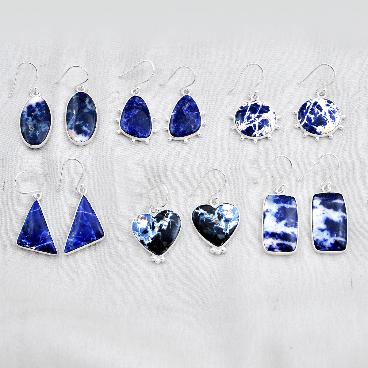 Hand-Carved-Wholesale-Lot-Of-6-Natural-Blue-Sodalite-925-Silver-Earrings-W4117